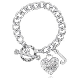 Juicy Couture Crystal Heart Charm Silver Toggle Bracelet